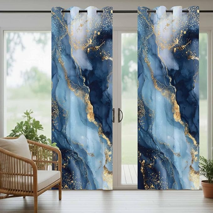 Marble Texture Outdoor Curtains for Patio Abstract Gradient Blue Golden Gorgeous Waterproof Outside Curtains with Grommet Top Weatherproof Curtain for Cabana Pergola Gazebo, 2 Pack, 54" W x 84" L