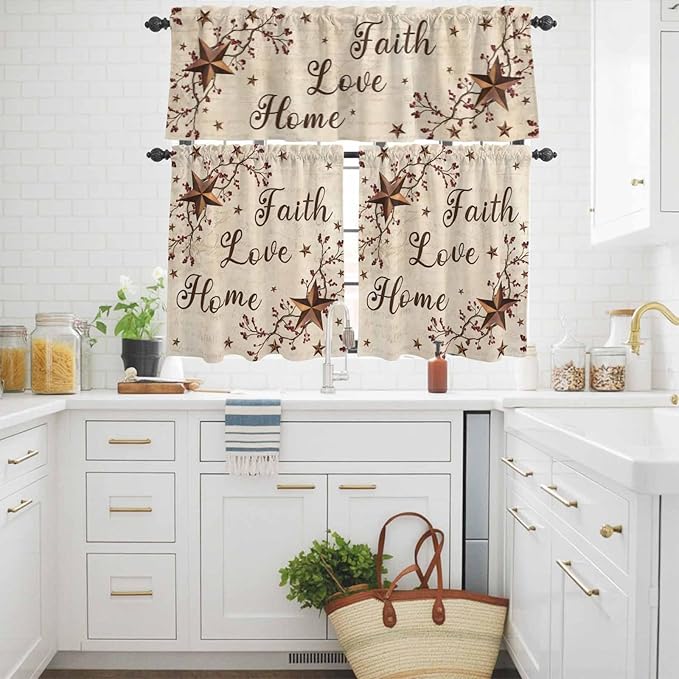 Kitchen Curtains Tiers and Valance Set of 3, Brown Farmhouse Light Filtering Window Curtain Set, Retro Country Stars Rustic Branches Berry Rod Pocket Curtain Drapes for Living Room, 24 Inches Tiers