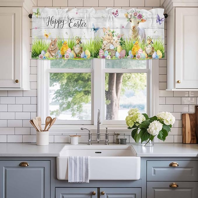Easter Curtain Valances for Windows, Kitchen Valance Window Treatment, Spring Sheep Bunny Duck Plants Wooden Grain Light Filtering Block Curtains for Bathroom/Bedroom/Living Room 42'' x 18''