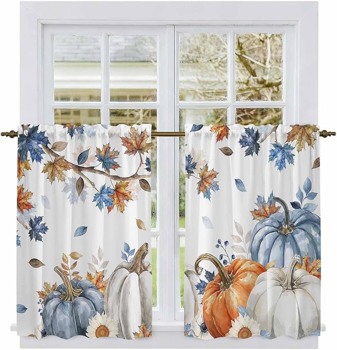 Navy Blue Pumpkin Fall Kitchen Curtains 45 Inch Long 2 Panel Set, Rod Pocket Window Treatment, Thanksgiving Maple Leaves Branches Light Filtering Panels Short Drapes for Bathroom Camper 42"W x 45"L