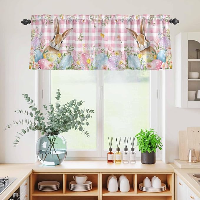 Kitchen Curtains Tiers and Valance Set of 3, Easter Light Filtering Window Curtain Set, Spring Rabbit Eggs Nature Botanicals Pink Plaid Rod Pocket Curtain Drapes for Cafe, Living Room, 36 Inches Tiers