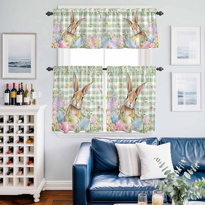Kitchen Curtains Tiers and Valance Set of 3, Easter Light Filtering Window Curtain Set, Spring Bunny Colorful Eggs Floral Leaves Grey Plaid Rod Pocket Curtain Drapes for Living Room, 36 Inches Tiers