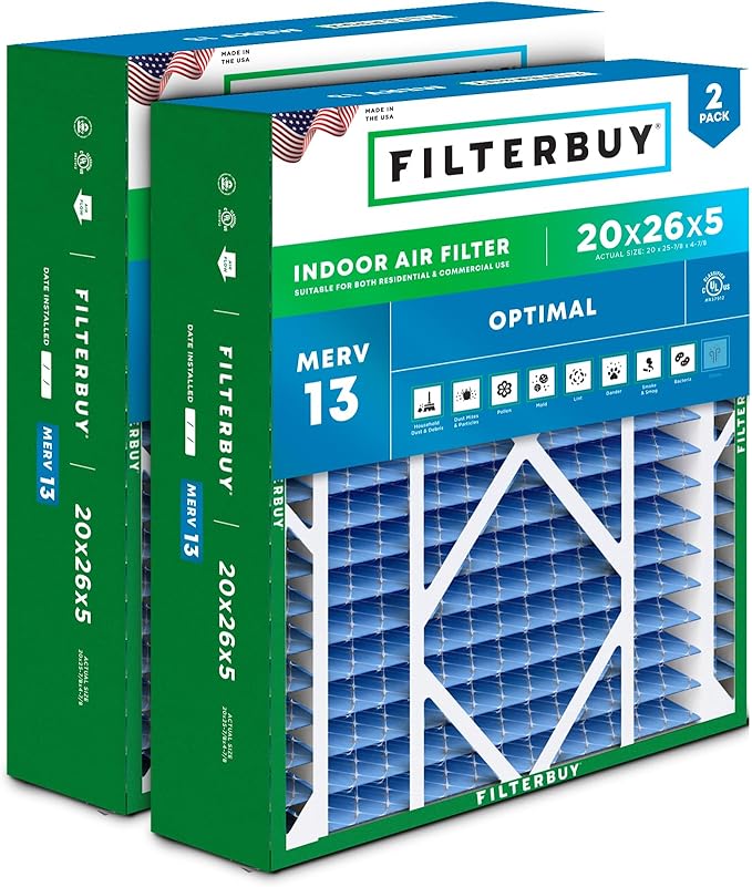 Filterbuy 20x26x5 Air Filter MERV 13 Optimal Smoke & Allergy Defense (2-Pack), Pleated HVAC AC Furnace Filters for Electro-Air, Lennox, White Rodgers, and More (Actual Size: 20.00 x 25.88 x 4.88)