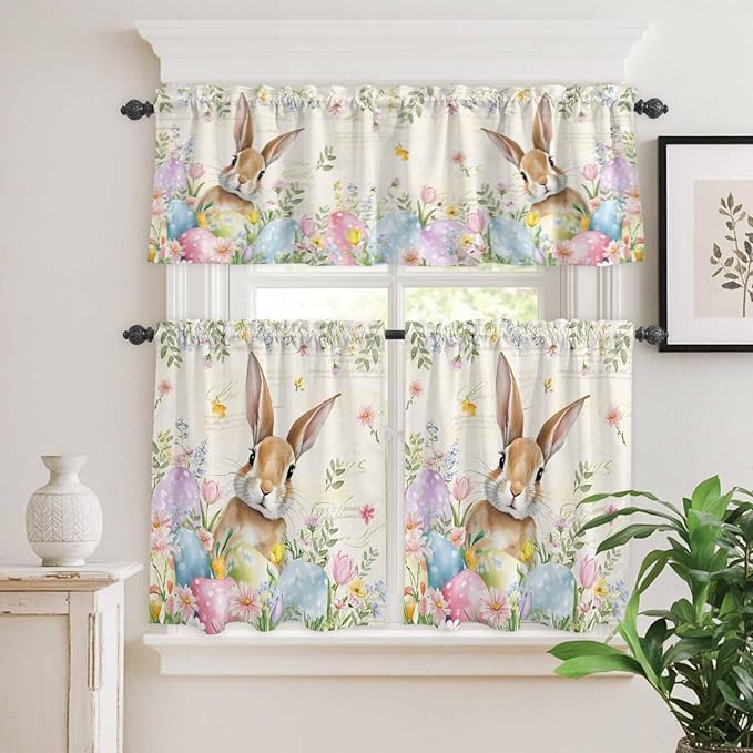 Kitchen Curtains Tiers and Valance Set of 3, Easter Light Filtering Window Curtain Set, Pastoral Spring Bunny Eggs Botanical Flowers Leaf Rod Pocket Curtain Drapes for Living Room, 24 Inches Tiers