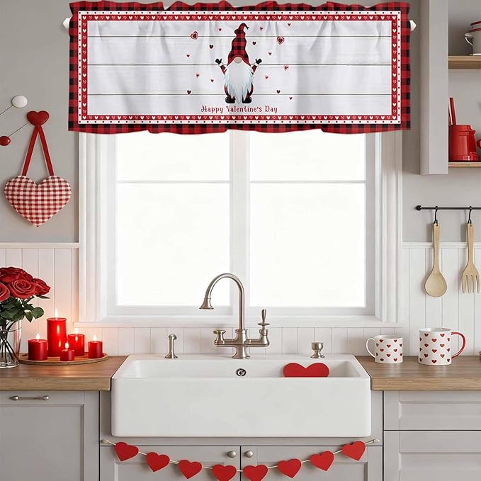 Valentine's Day Valance Curtains for Kitchen, Gnome Red Love Plaid Wood Grain Privacy Rod Pocket Valance Curtain, Light-Filtering Window Treatment for Bedroom Bathroom, 42"x18"