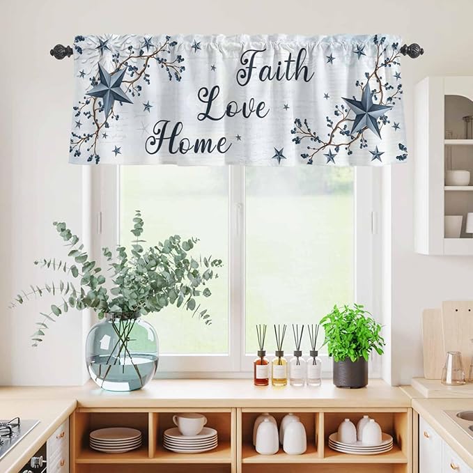 Kitchen Curtains Tiers and Valance Set of 3, Texas Star Country Light Filtering Window Curtain Set, Blue Farmhouse Branches Rod Pocket Curtain Drapes for Cafe, Living Room, 24 Inches Tiers