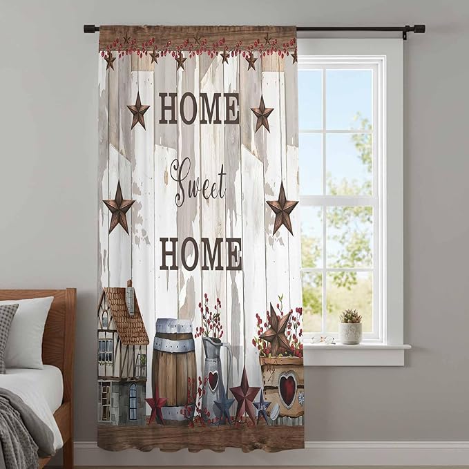 Farmhouse Sheer Curtains 45 Inch Length Retro Country Star Berry Vintage Wood Grain Chiffon Curtain for Bedroom Living Room Light Filtering Window Treatments Voile Curtains Drapes for Kitchen