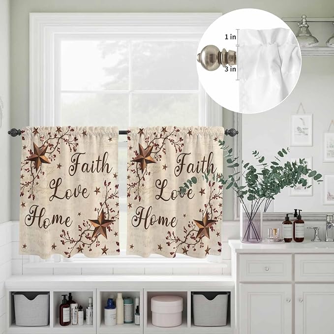 Kitchen Curtains Tiers and Valance Set of 3, Brown Farmhouse Light Filtering Window Curtain Set, Retro Country Stars Rustic Branches Berry Rod Pocket Curtain Drapes for Living Room, 36 Inches Tiers