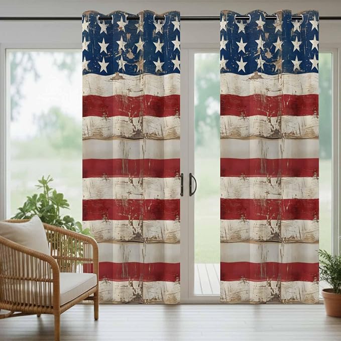 4th of July Outdoor Curtains for Patio USA Flag Independence Day Vintage Waterproof Outside Curtains with Grommet Top Weatherproof Curtain for Cabana Pergola Gazebo, 2 Pack, 54" W x 108" L
