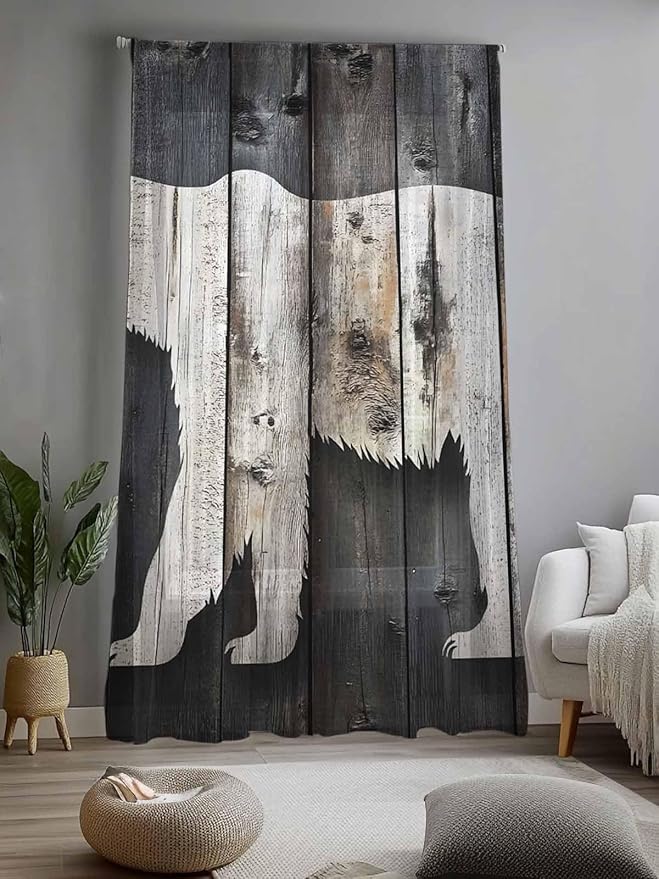 Sheer Curtains 108 Inches Long, White Brown Bear Semi Sheer Curtains Light Filtering Window Treatment, Farmhouse Country Vintage Wood Grain Privacy Voile Drapes for Living Room Bedroom 52x108 Inch