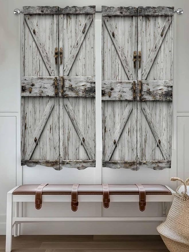 Vintage Gate Living Room Curtains 72 Inches length, Farmhouse Wooden Grain Shabby Chic Door Window Treatment Curtain Drapes, Light Filtering Drapes for Bedroom Laundry Room, 52"x72", 2 Panels