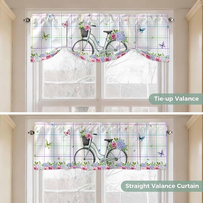 Spring Tie Up Valance Curtains for Windows, Kitchen Curtains Window Shades, Bicycles Botanical Leaves Rose Colorful Stripes Light Filtering Roman Curtain Valances for Bedroom/Bathroom/Cafe 42"x12"