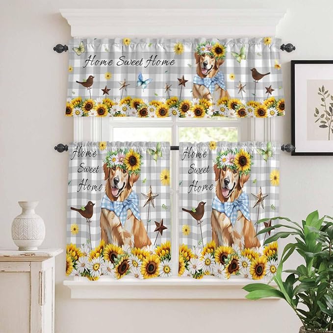 Kitchen Curtains Tiers and Valance Set of 3, Sunflowers Dog Light Filtering Window Curtain Set, Spring Watercolor Floral Stars Grey Plaid Rod Pocket Curtain Drapes for Living Room, 36 Inches Tiers