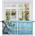 Farmhouse Wooden Grain Tier Curtains, Vintage Shabby Chic Flower Blue Light Filtering Kitchen Curtains, 2Pcs Rod Pocket Half Window Treatments Panels for Sink Cafe Cabinet Camper 27.5x36 Inches