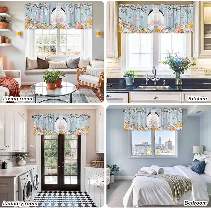 Easter Curtain Valances for Windows, Kitchen Valance Window Treatment, Spring Watercolor Bunny Eggs Flower Wood Grain Blue Light Filtering Block Curtains for Bathroom/Bedroom/Living Room 42'' x 12''