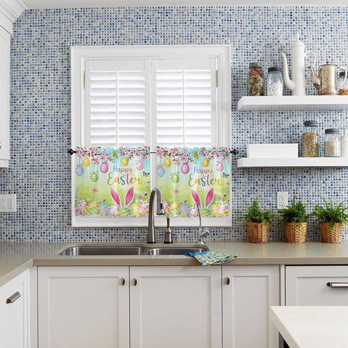 Easter Half Window Curtain 36 Inches Long, Spring Bunny Colorful Rabbit Eggs Butterfly Blue Green Window Treatment Curtain Drapes, Small Tier Curtains for Bathroom Over Sink, 27.5"x36", 2 Panels