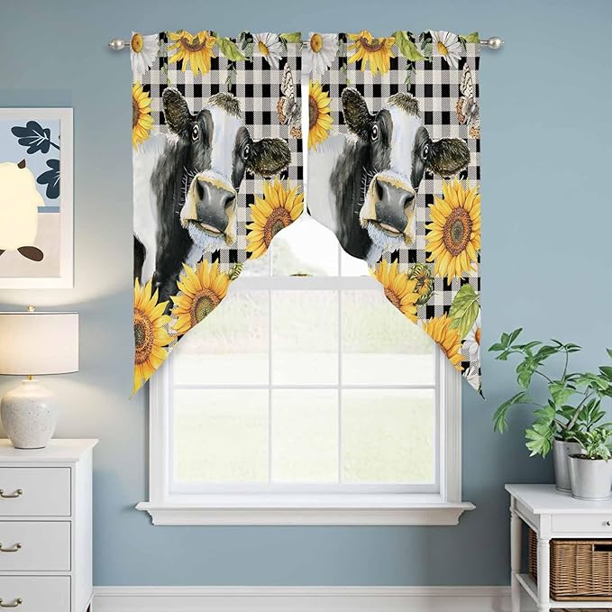 Retro Sunflowers Swag Valances for Windows, Farmhouse Floral Cow Butterfly Black Plaid Rod Pocket Kitchen Curtains Valance, Small Window Curtains Swag for Cafe Living Room, 2 Panels, 36x36 inch