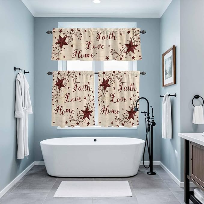 Kitchen Curtains Tiers and Valance Set of 3, Vintage Country Light Filtering Window Curtain Set, Vintage Rustic Texas Stars Plants Branch Rod Pocket Curtain Drapes for Living Room, 24 Inches Tiers