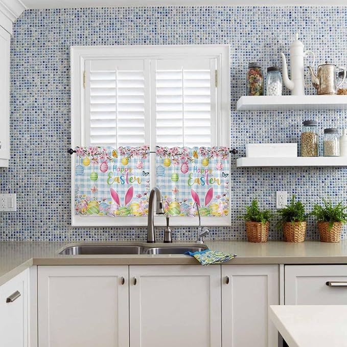 Happy Easter Half Window Curtains 24 Inches Long, Spring Watercolor Bunny Eggs Flower Blue Plaid Window Treatment Curtain Drapes, Short Curtains Tiers for Kitchen Over Sink, 27.5"x24", 2 Panels