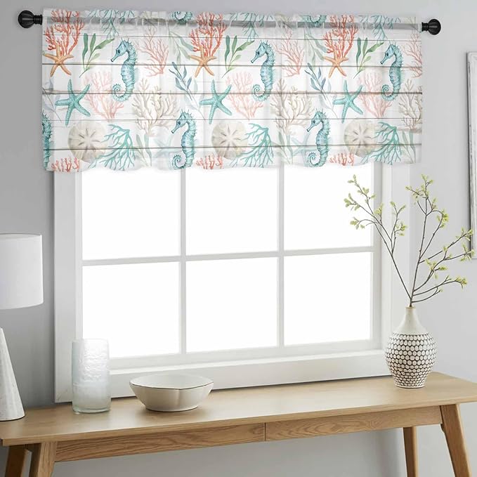 Teal Seahorse Starfish Sheer Valance Curtains, Summer Beach Coral Shell Board Light Filtering Kitchen Valances Rod Pocket Voile Curtain Window Treatment for Bedroom/Living Room/Basement 60Wx18L