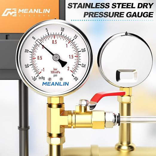 MEANLIN MEASURE -30inHG~30Psi Vacuum Gauge Stainless Steel 1/4" NPT 2" FACE DIAL Waterproof for Air Compressor HVAC Negative Pressure Hand Pump Pool Lower Mount, with 1/2" NPT and 3/8" NPT Hex Bushing