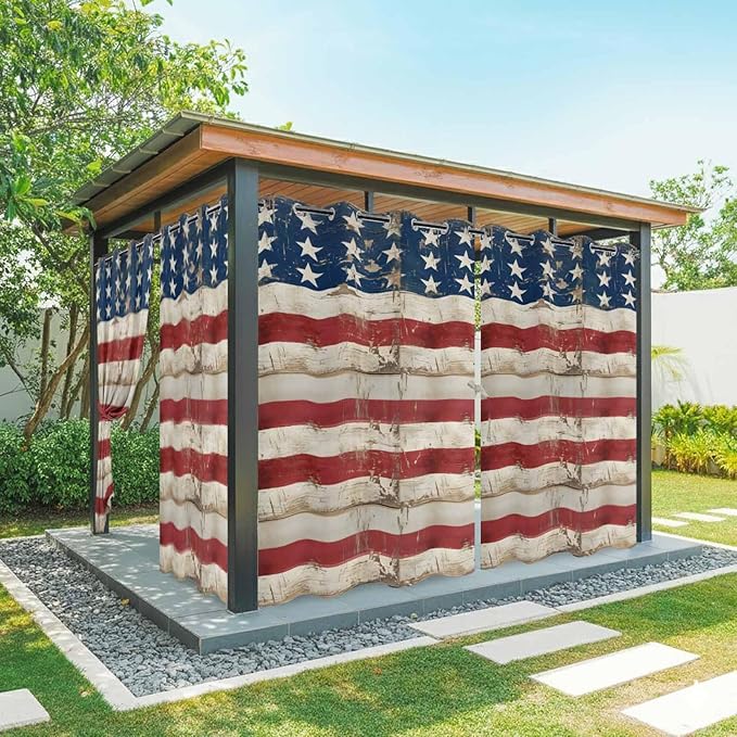 4th of July Outdoor Curtains for Patio USA Flag Independence Day Vintage Waterproof Outside Curtains with Grommet Top Weatherproof Curtain for Cabana Pergola Gazebo, 2 Pack, 54" W x 95" L