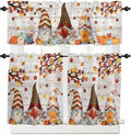 Fall Gnomes Kitchen Curtain Set, Thanksgiving Maple Leaf Grey Wood Grain Window Valance and Tiers 24" Length, Light Filtering Short Curtains Valance for Cafe Bathroom Bedroom 54"x18"