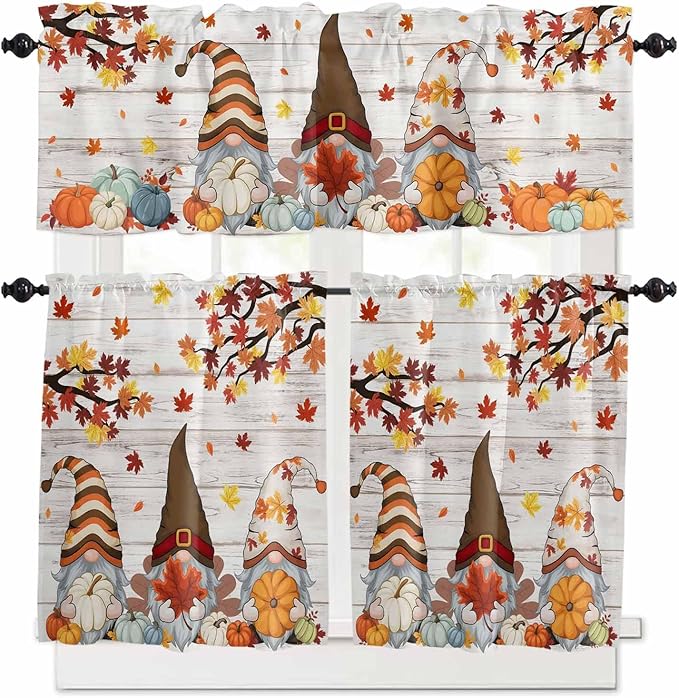 Fall Gnomes Kitchen Curtain Set, Thanksgiving Maple Leaf Grey Wood Grain Window Valance and Tiers 36" Length, Light Filtering Short Curtains Valance for Cafe Bathroom Bedroom 54"x18"