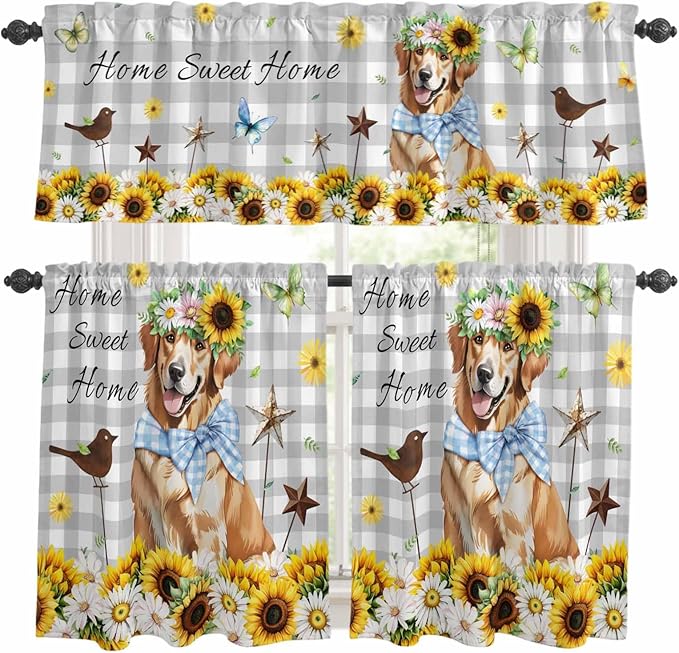 Kitchen Curtains Tiers and Valance Set of 3, Sunflowers Dog Light Filtering Window Curtain Set, Spring Watercolor Floral Stars Grey Plaid Rod Pocket Curtain Drapes for Living Room, 36 Inches Tiers
