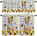 Kitchen Curtains Tiers and Valance Set of 3, Sunflowers Dog Light Filtering Window Curtain Set, Spring Watercolor Floral Stars Grey Plaid Rod Pocket Curtain Drapes for Living Room, 36 Inches Tiers