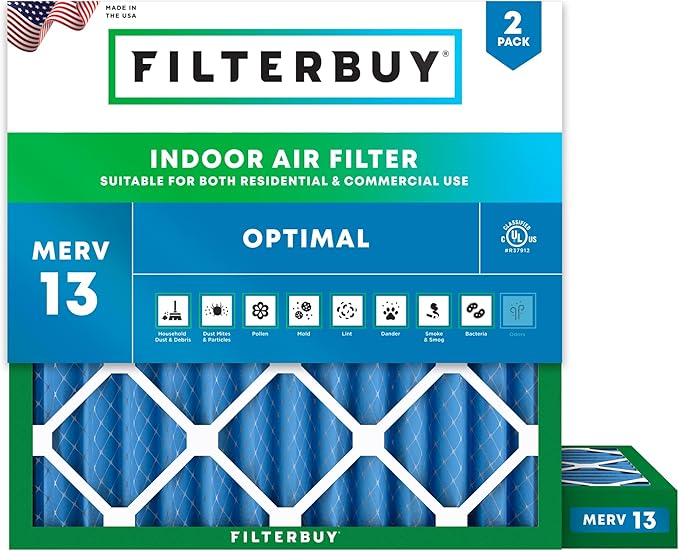Filterbuy 10x10x2 Air Filter MERV 13 Optimal Smoke & Allergy Defense (2-Pack), Electrostatic Pleated HVAC AC Furnace Filters Replacement, Made in USA (Actual Size: 9.50 x 9.50 x 1.75)