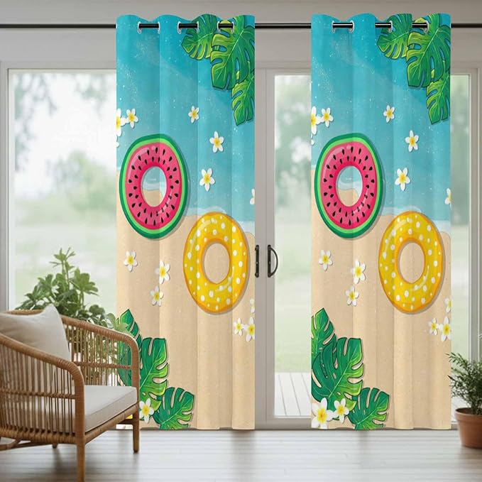 Summer Outdoor Curtains for Patio Plumeria Swimming Circles Ocean Beach Waterproof Outside Curtains with Grommet Top Weatherproof Curtain for Cabana Pergola Gazebo, 1 Panel, 54" W x 108" L