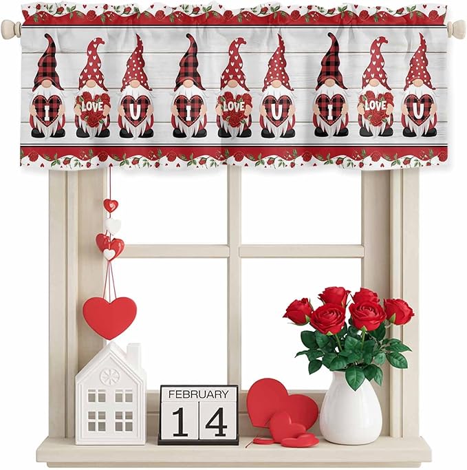 I Love U Valance Curtains for Kitchen, Valentine's Day Dwarf Romantic Wood Grain Privacy Rod Pocket Valance Curtain, Light-Filtering Window Treatment for Bedroom Bathroom, 54"x18"