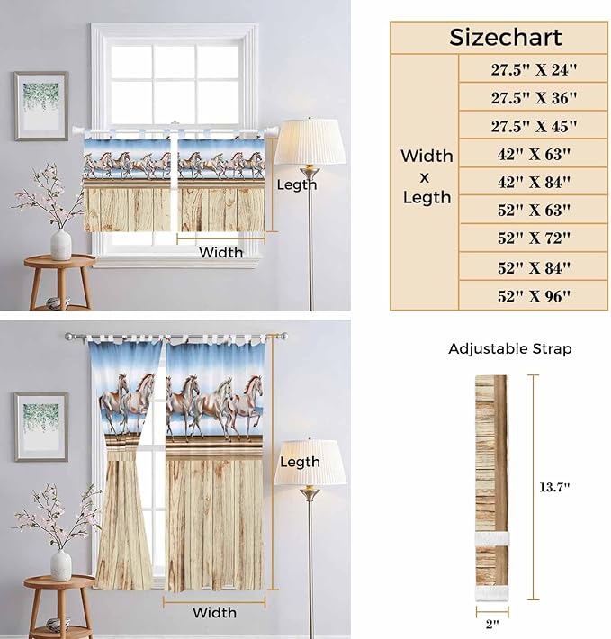 Western Horse Kitchen Curtains 36 Inch Length, Small Window Curtains Tab Top, Farmhouse Wooden Grain Vintage Cowboy Barn Door Light Filtering Short Window Treatments Tier Drapes 27.5"x36" 2 Panel