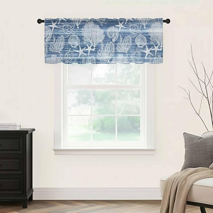 Navy Blue Retro Summer Sheer Valance Curtains, Sea Turtle Starfish Coral Ocean Light Filtering Kitchen Valances Rod Pocket Voile Curtain Window Treatment for Bedroom/Living Room/Basement 42Wx18L