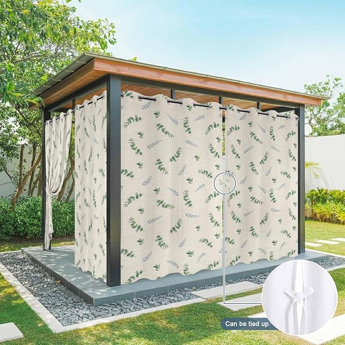 Leaf Outdoor Curtains for Patio Summer Jugal Leaves Pastoral Plant Linen Waterproof Outside Curtains with Grommet Top Weatherproof Curtain for Cabana Pergola Gazebo, 2 Pack, 54" W x 95" L