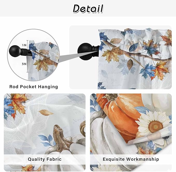 Fall Blue Maple Window Curtains 72 Inch Long 2 Panel Set,Rod Pocket Long Curtains & Drapes,Thanksgiving Pumpkins Daisy Country Leaves Window Treatment for Bedroom Living Room 52"W x 72"L