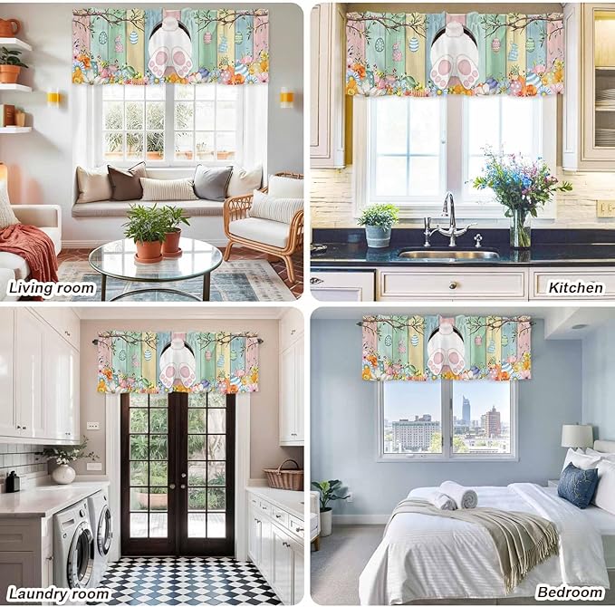 Easter Curtain Valances for Windows, Kitchen Valance Window Treatment, Spring Colorful Bunny Eggs Flower Wood Grain Light Filtering Block Curtains for Bathroom/Bedroom/Living Room 54'' x 18''