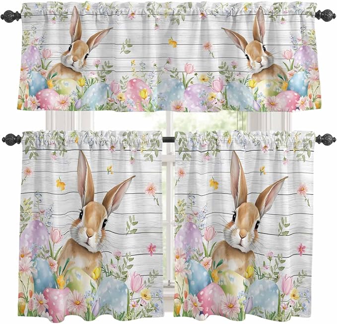 Kitchen Curtains Tiers and Valance Set of 3, Easter Light Filtering Window Curtain Set, Rustic Spring Bunny Eggs Botanical Grey Wooden Rod Pocket Curtain Drapes for Cafe, Living Room, 24 Inches Tiers