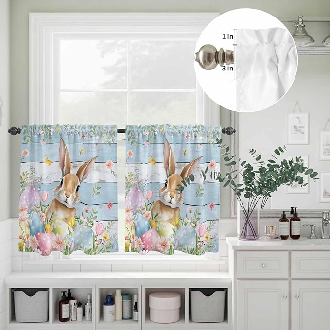 Kitchen Curtains Tiers and Valance Set of 3, Easter Light Filtering Window Curtain Set, Farmhouse Spring Rabbit Eggs Flowers Wooden Board Rod Pocket Curtain Drapes for Living Room, 24 Inches Tiers