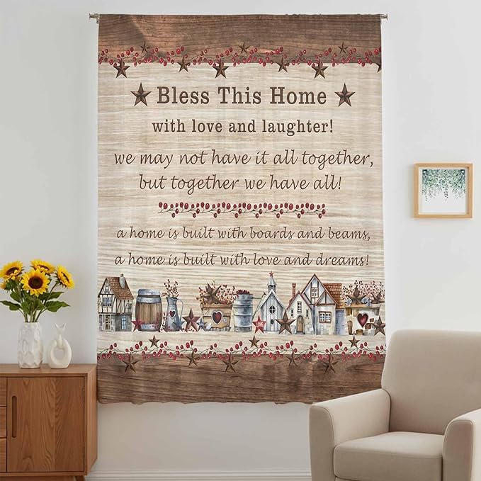 Farmhouse Sheer Curtains 63 Inch Length Brown Country Star Berry Vintage Wood Grain Chiffon Curtain for Bedroom Living Room Light Filtering Rod Pocket Window Treatments Voile Curtains Drapes