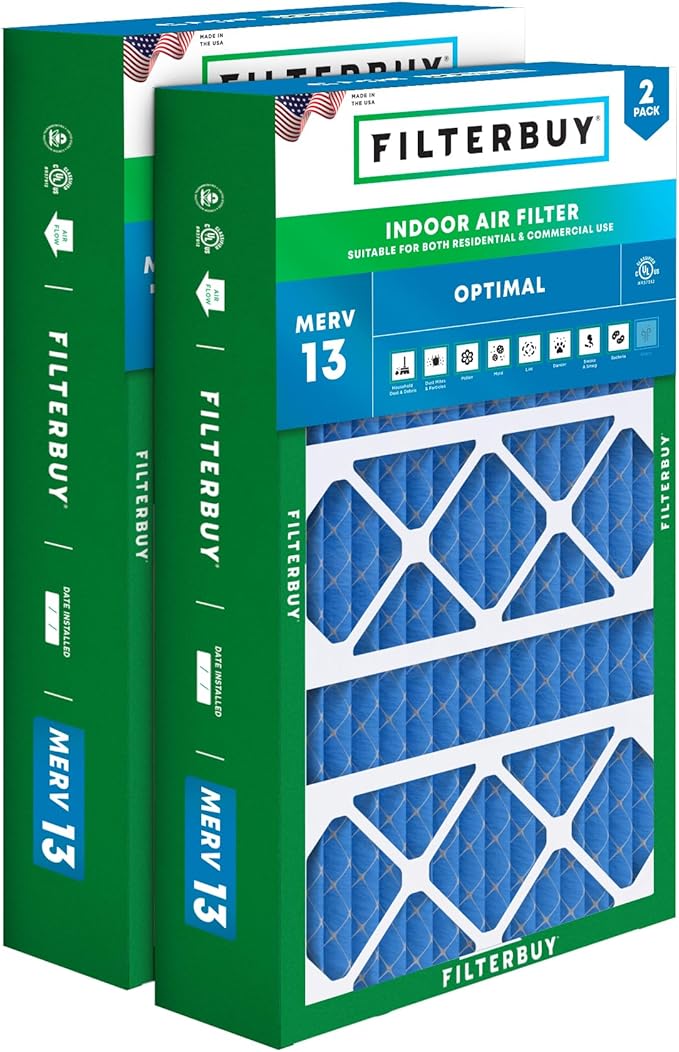 Filterbuy 15.75x27.63x3.50 Air Filter MERV 13 Optimal Smoke & Allergy Defense (2-Pack), Pleated HVAC AC Furnace Filters for AprilAire Space-Gard 104 & 2140 (Actual Size: 15.69 x 27.56 x 3.50)