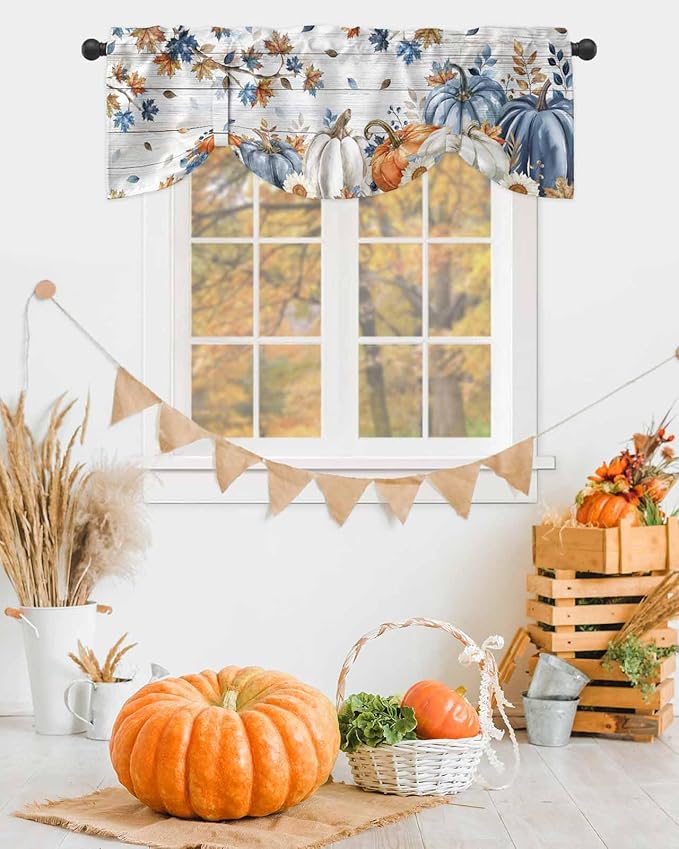 Thanksgiving Pumpkin Tie Up Valance Curtains for Windows, Kitchen Curtains Window Shades, Fall Maple Leaf Daisy Wooden Grain Light Filter Roman Curtain Valances for Bedroom/Bathroom/Cafe 42'' x 12''