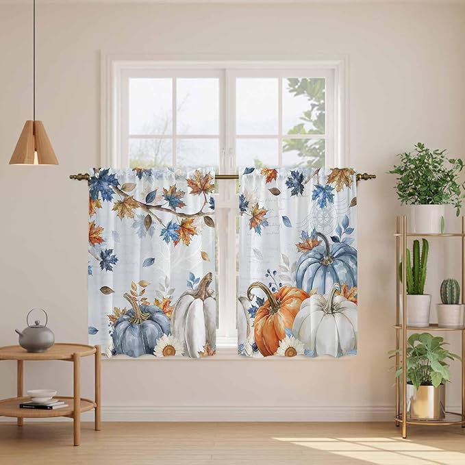Fall Blue Maple Kitchen Curtains 45 Inch Long 2 Panel Set, Rod Pocket Window Treatment, Thanksgiving Pumpkins Daisy Country Leaves Light Filtering Panels Short Drapes for Bathroom Camper 42"W x 45"L