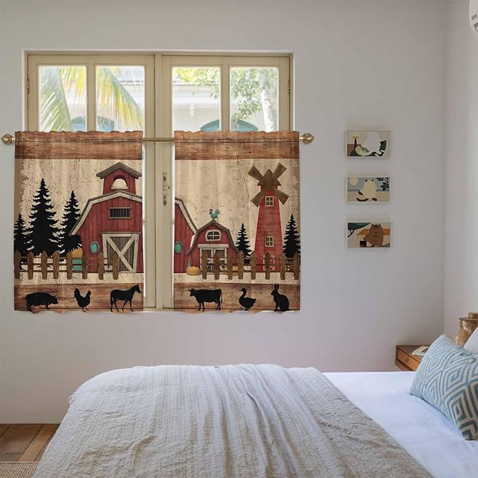 Brown Farmhouse Kitchen Curtains, Vintage Country Animals Wooden Grain Light Filtering Window Curtain Panels, 2Pcs Rod Pocket Window Treatments Set for RV Dining Room Study Room 42x54 Inches