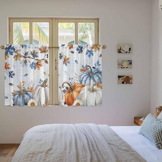 Fall Blue Maple Kitchen Curtains 45 Inch Long 2 Panel Set, Rod Pocket Window Treatment, Thanksgiving Pumpkins Daisy Country Leaves Light Filtering Panels Short Drapes for Bathroom Camper 42"W x 45"L