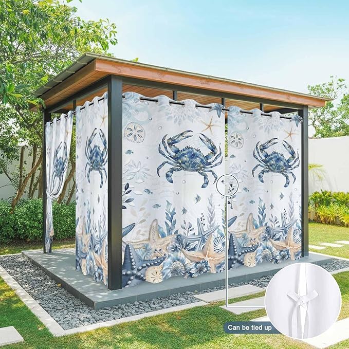 Oceans Outdoor Curtains for Patio Crabs Marine Life Shell Starfish Blue Waterproof Outside Curtains with Grommet Top Weatherproof Curtain for Cabana Pergola Gazebo, 2 Pack, 54" W x 108" L