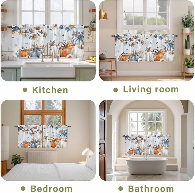 Fall Blue Maple Kitchen Tier Curtains 36 Inch Long 2 Panel Set,Rod Pocket Half Window Curtains Over Sink,Thanksgiving Pumpkins Daisy Country Leaves Short Drapes for Bathroom Cafe 27.5"W x 36"L