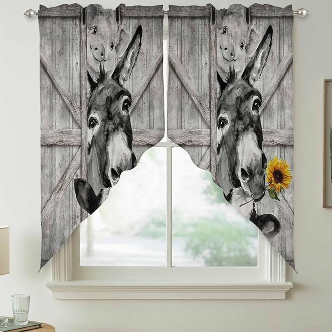 Funny Farm Animals Swag Valances for Windows, Vintage Barn Grey Sunflowers Rod Pocket Kitchen Curtains Valance, Kitchen Window Curtains Swag for Cafe Bathroom Living Room, 2 Panels, 36x63 inch
