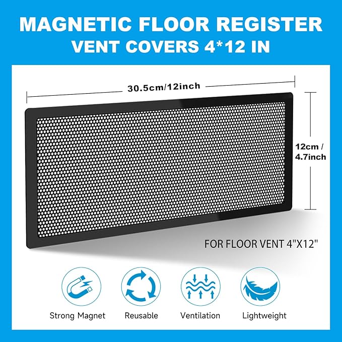 4 PCS Magnetic Vent Covers - 4.7"x12" Magnetic Air Vent Screen - for Floor/Wall/Ceiling Registers - Easy Install, Secure Fit - Durable(Fits Registers 5" to 6" W x 12" to13" L)